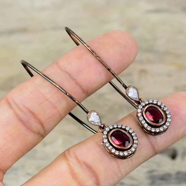 Mozambique Garnet Oval Red Handmade Copper Electroformed Earring