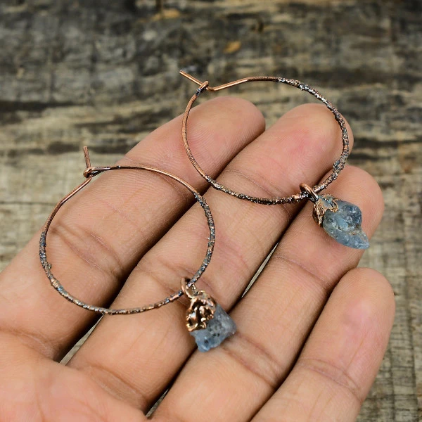 Neon Apatite Rough Pentagon Blue Handmade Copper Electroformed Earring