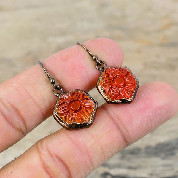 Carved Red Onyx Hexagon Red Handmade Copper Electroformed Earring