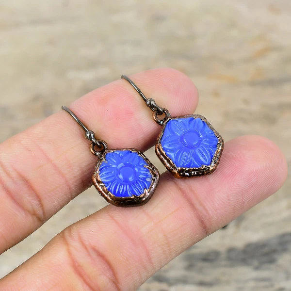 Carved Blue Onyx Hexagon Blue Handmade Copper Electroformed Earring