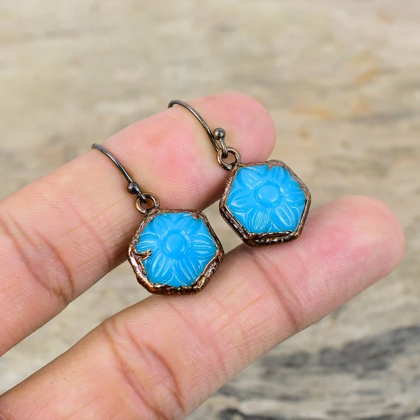 Carved Blue Onyx Hexagon Blue Handmade Copper Electroformed Earring
