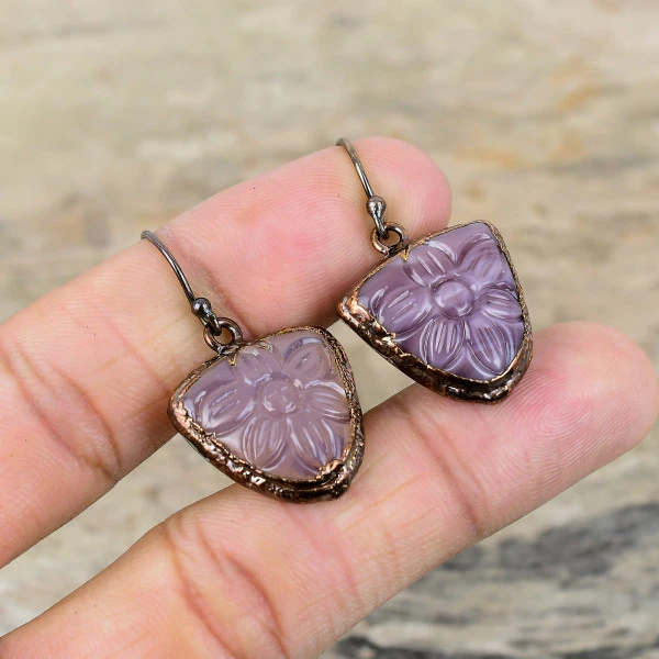 Carved African Amethyst Trillion Purple Handmade Copper Electroformed Earring