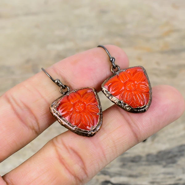 Carved Red Onyx Trillion Red Handmade Copper Electroformed Earring