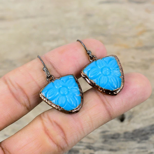 Carved Blue Onyx Trillion Blue Handmade Copper Electroformed Earring