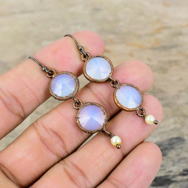 Milky Opal Round White Handmade Copper Electroformed Earring