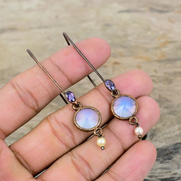 Milky Opal Round White Handmade Copper Electroformed Earring