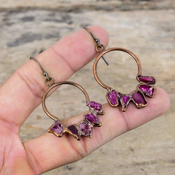 Pink Tourmaline Rough Pentagon Pink Handmade Copper Electroformed Earring