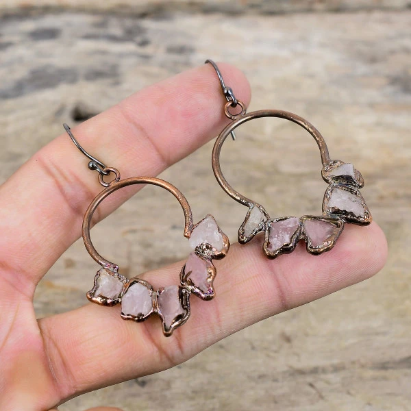 Rose Quartz Rough Pentagon Pink Handmade Copper Electroformed Earring