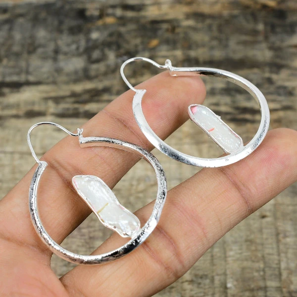 Biwa Pearl Radiant White Handmade Copper Electroformed Earring