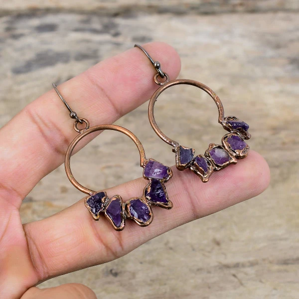 African Amethyst Rough Pentagon Purple Handmade Copper Electroformed Earring
