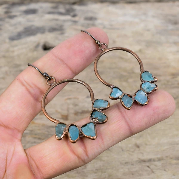 Aquamarine Rough Pentagon Blue Handmade Copper Electroformed Earring
