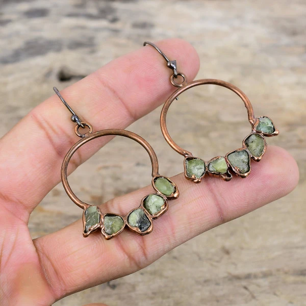 Green Tourmaline Rough Pentagon Green Handmade Copper Electroformed Earring