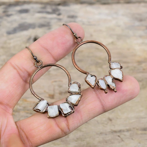 Rainbow Moonstone Rough Pentagon White Handmade Copper Electroformed Earring