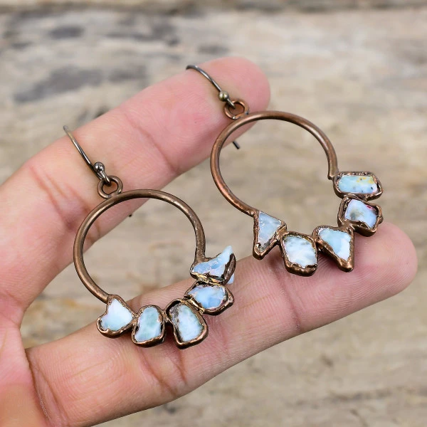 Larimar Rough Pentagon Blue Handmade Copper Electroformed Earring