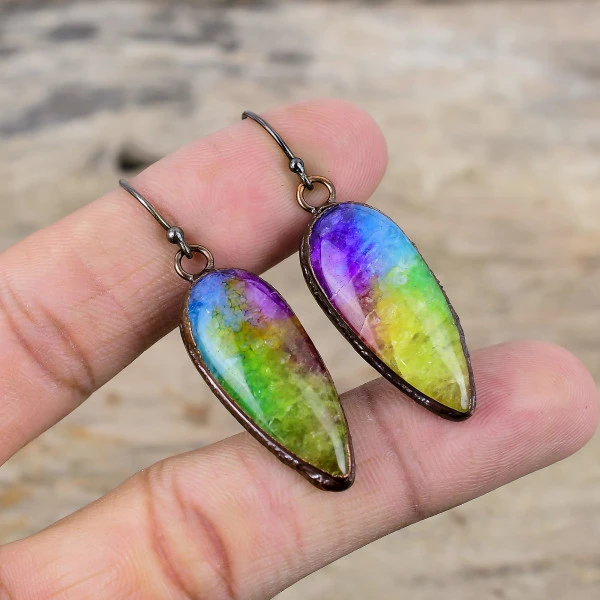 Rainbow Solar Quartz Druzy Pear Yellow Handmade Copper Electroformed Earring