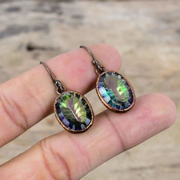 Rainbow Mystic Topaz Oval Blue Handmade Copper Electroformed Earring