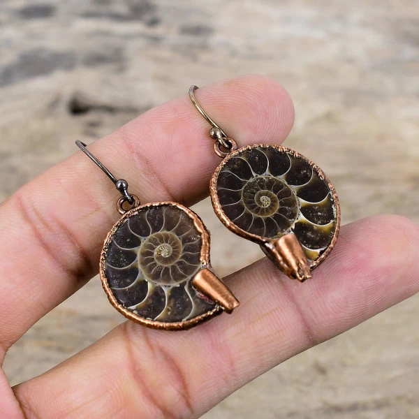 Ammonite Fossil Pear Brown Handmade Copper Electroformed Earring