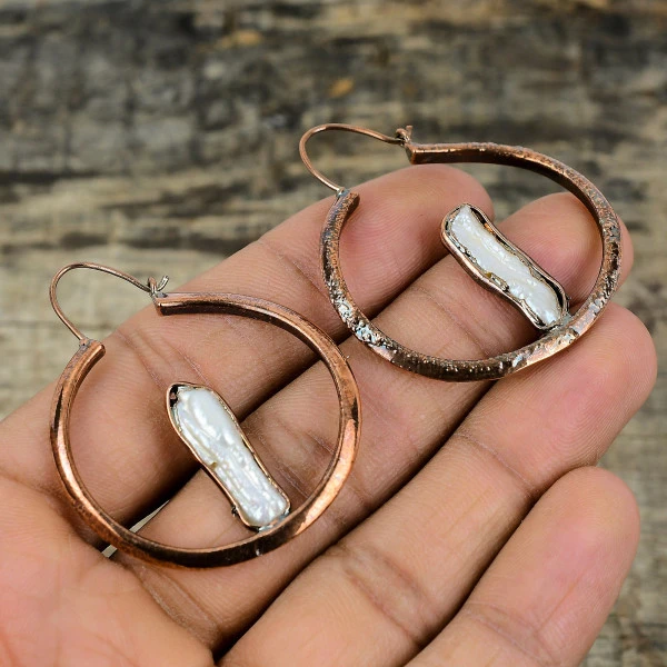Biwa Pearl Radiant White Handmade Copper Electroformed Earring