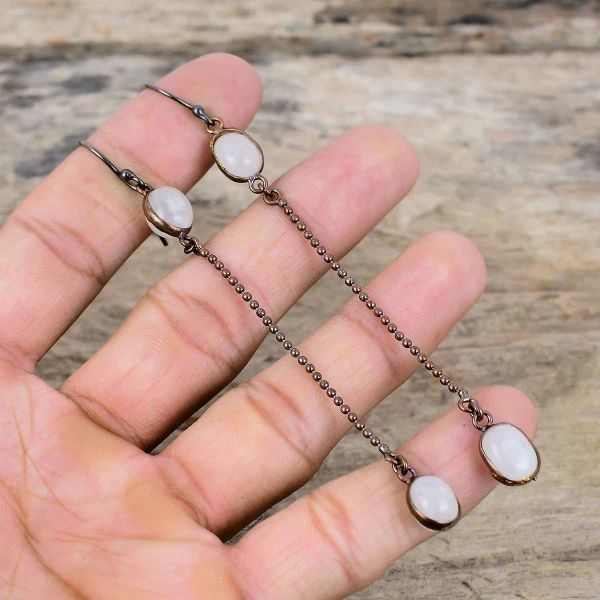 Rainbow Moonstone Oval White Handmade Copper Electroformed Earring