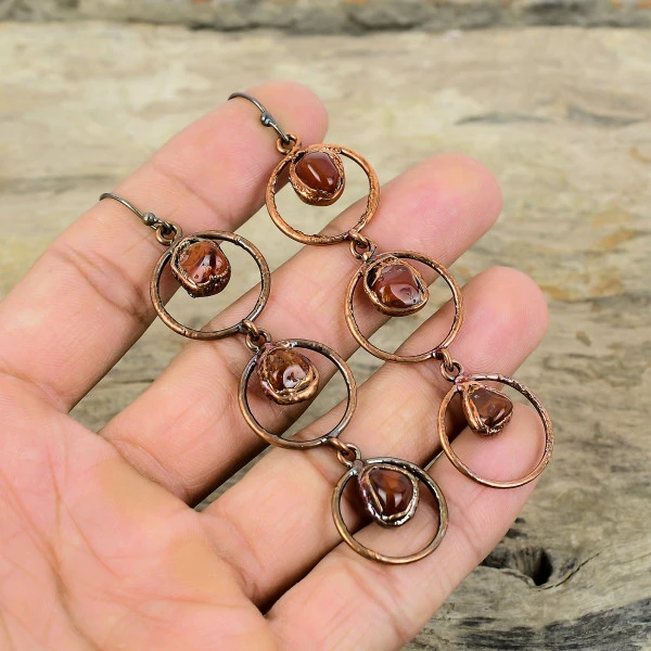 Carnelian Round Orange Handmade Copper Electroformed Earring