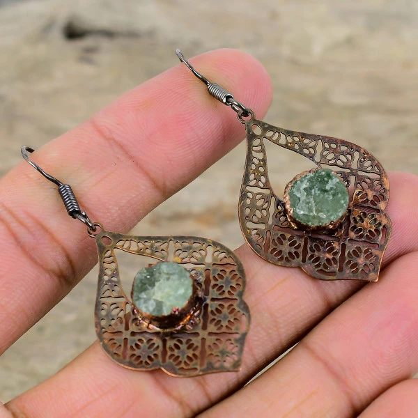 Aquamarine Rough Round Green Handmade Copper Electroformed Earring