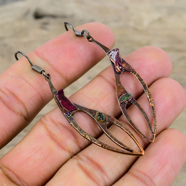 Pink Tourmaline Rough Trillion Pink Handmade Copper Electroformed Earring