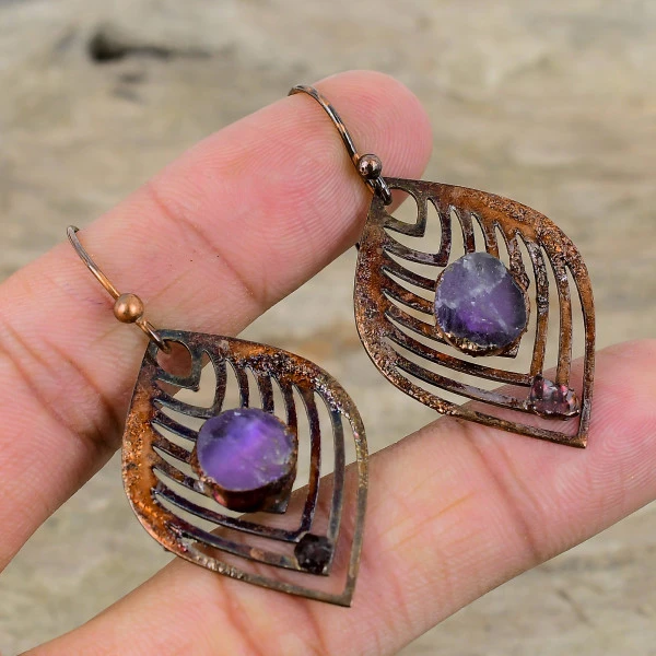 African Amethyst Rough Round Purple Handmade Copper Electroformed Earring