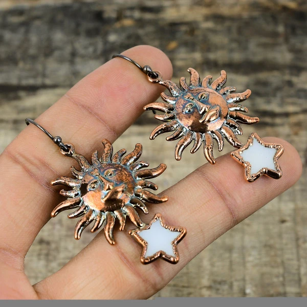 Mother Of Pearl Pentagon White Handmade Copper Electroformed Earring