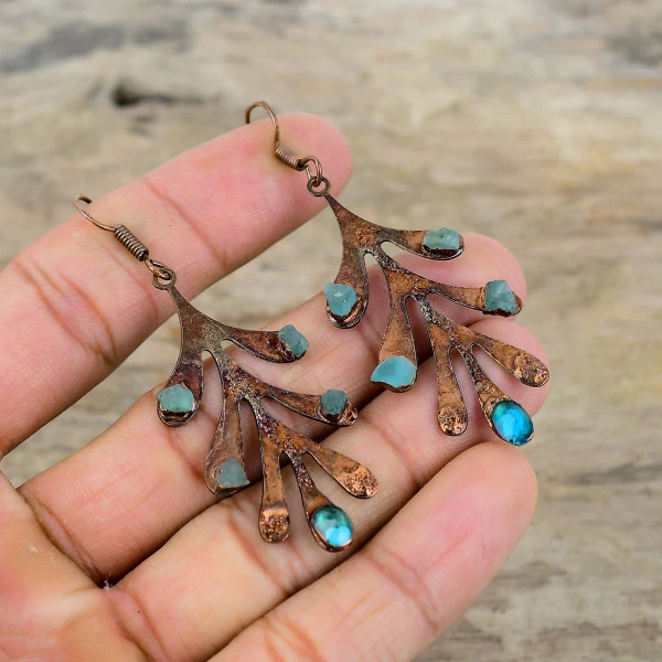 Neon Apatite Oval Blue Handmade Copper Electroformed Earring