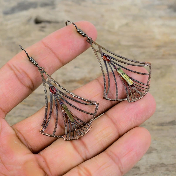 Multi Tourmaline Rough Radiant Green Handmade Copper Electroformed Earring