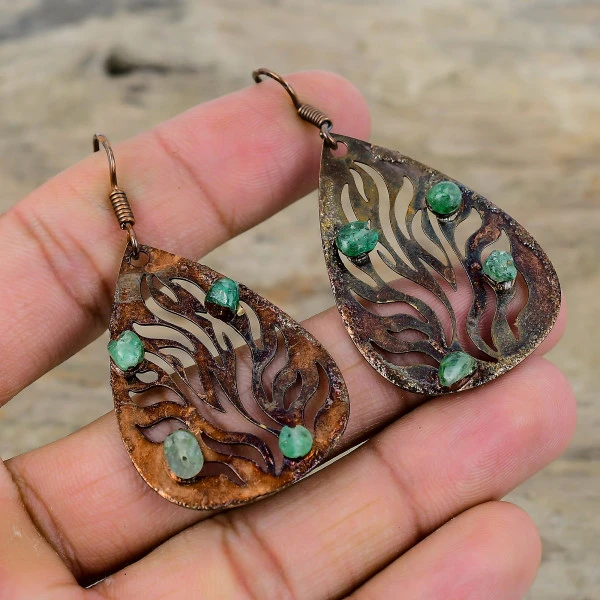 Green Tourmaline Rough Round Green Handmade Copper Electroformed Earring