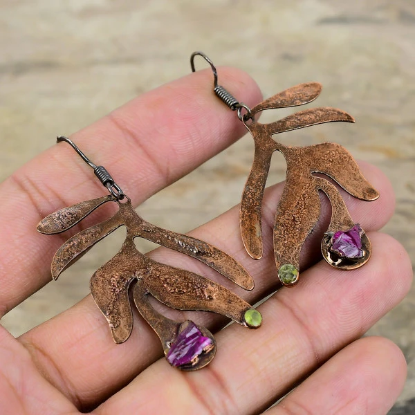 Pink Tourmaline Rough Pentagon Pink Handmade Copper Electroformed Earring