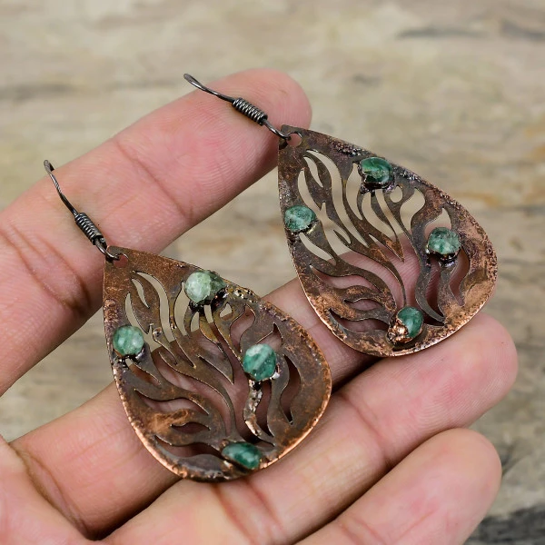 Green Tourmaline Rough Round Green Handmade Copper Electroformed Earring