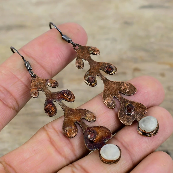Rainbow Moonstone Round White Handmade Copper Electroformed Earring