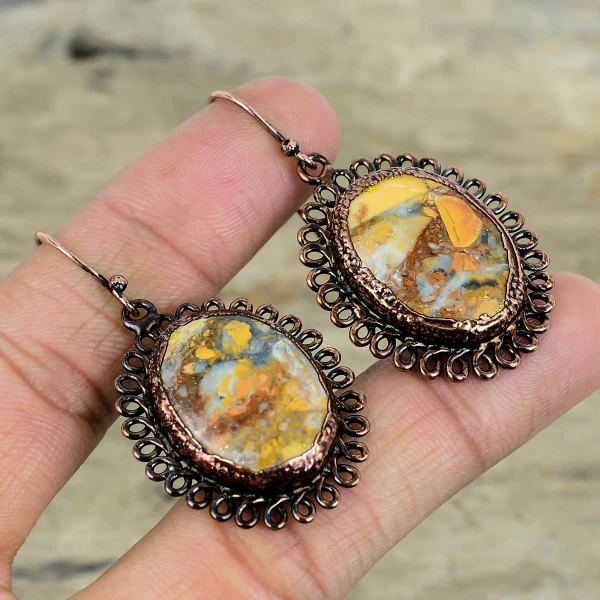 Maligano Jasper Oval Yellow Handmade Copper Electroformed Earring