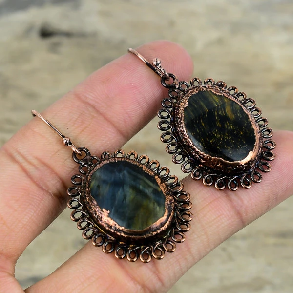 Pietersite Oval Black Handmade Copper Electroformed Earring