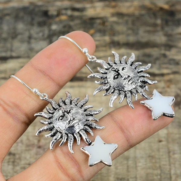 Mother Of Pearl Pentagon White Handmade Copper Electroformed Earring