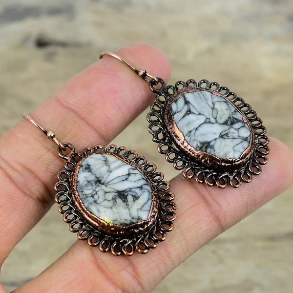 Pinolith Jasper Oval Gray Handmade Copper Electroformed Earring