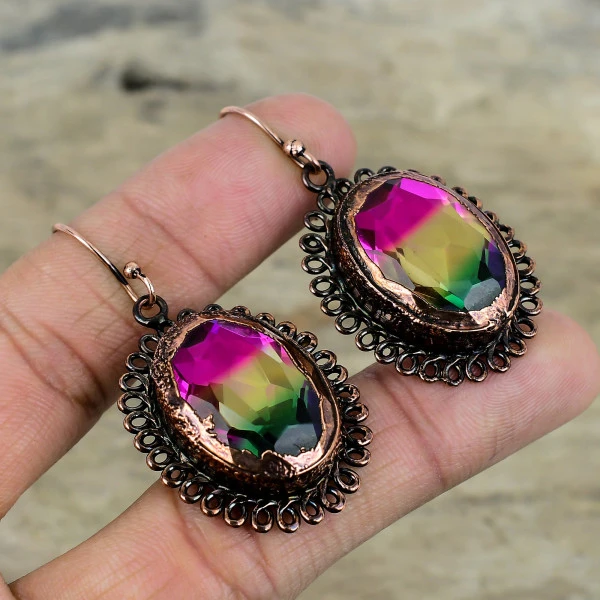 Multi Tourmaline Oval Pink Handmade Copper Electroformed Earring