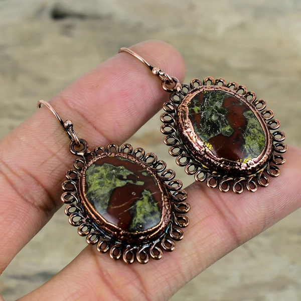 Dragon Bloodstone Oval Green Handmade Copper Electroformed Earring