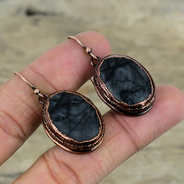 Picasso Jasper Oval Black Handmade Copper Electroformed Earring