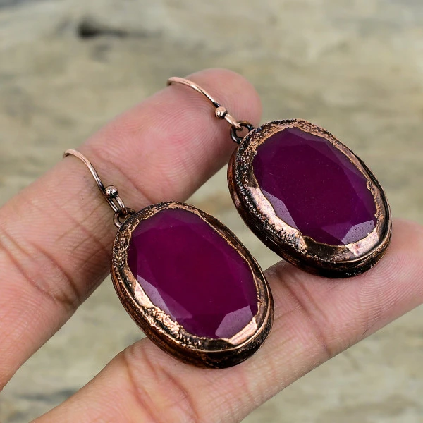 Kashmir Ruby Oval Red Handmade Copper Electroformed Earring
