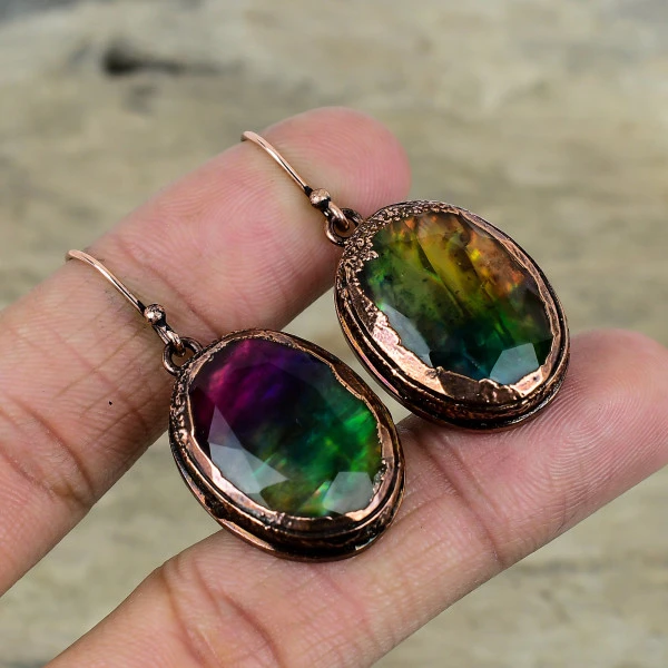 Ammolite Oval Green Handmade Copper Electroformed Earring