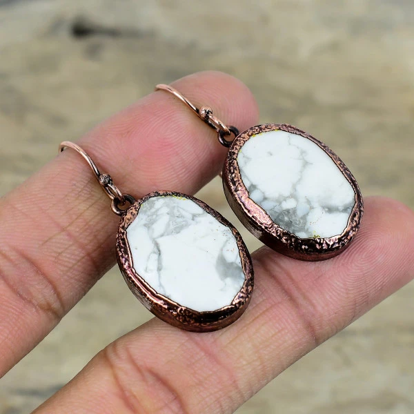 Howlite Oval White Handmade Copper Electroformed Earring