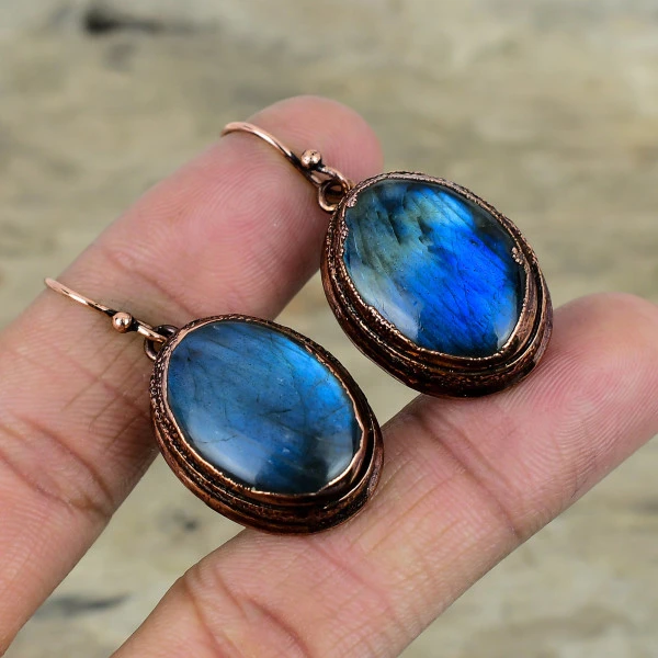 Labradorite Oval Blue Handmade Copper Electroformed Earring