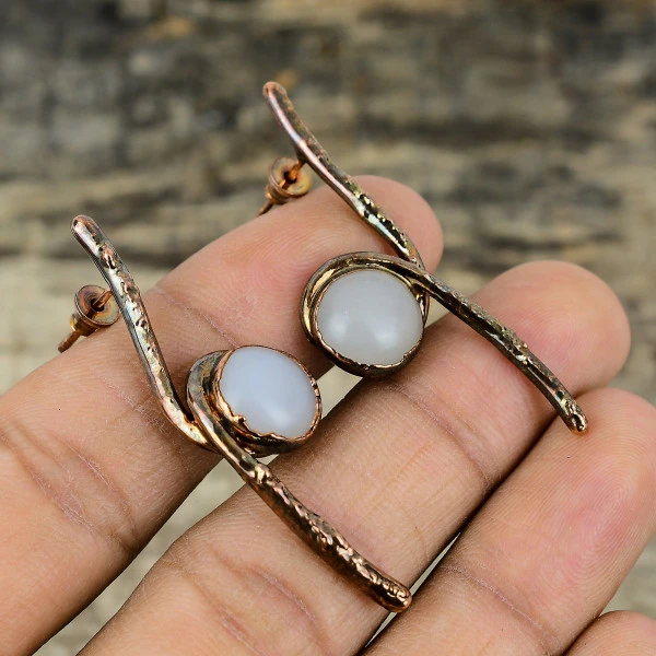 Mother Of Pearl Round White Handmade Copper Electroformed Earring