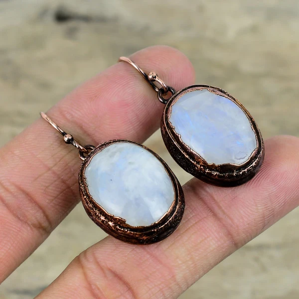 Rainbow Moonstone Oval White Handmade Copper Electroformed Earring
