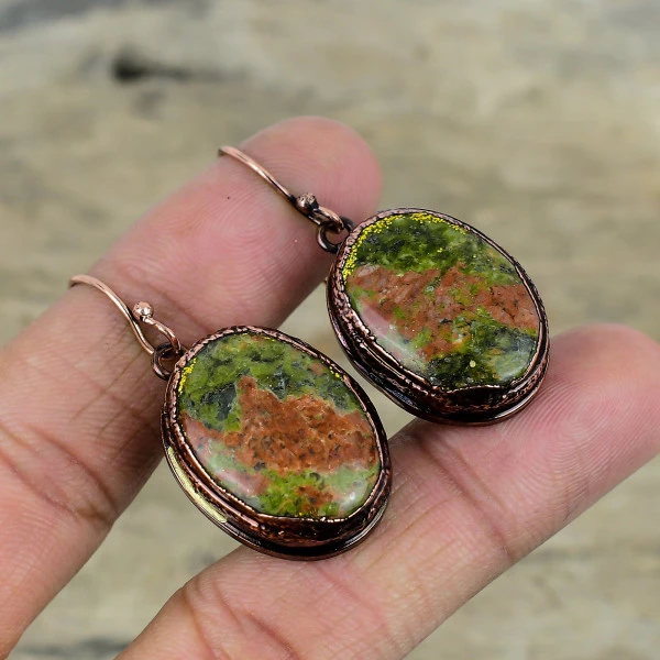 Unakite Oval Green Handmade Copper Electroformed Earring