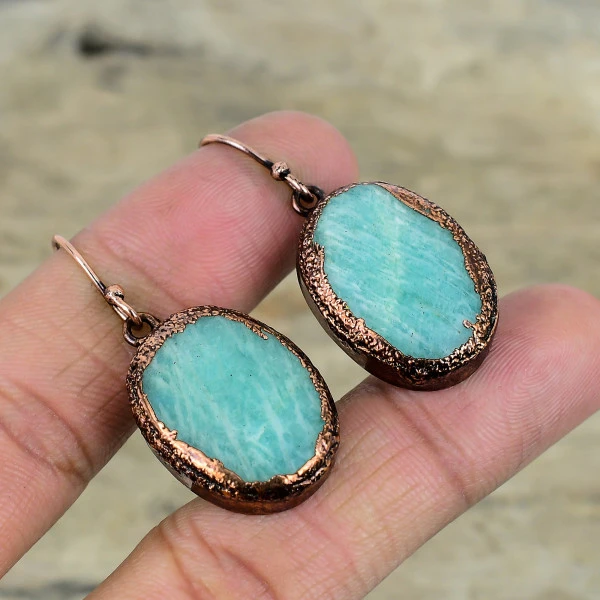 Amazonite Oval Green Handmade Copper Electroformed Earring