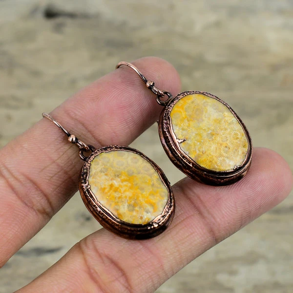 Fossil Coral Oval Yellow Handmade Copper Electroformed Earring